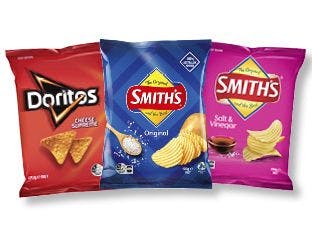 Smiths and Doritos one hundred and fifty gram to one hundred and seventy gram varieties