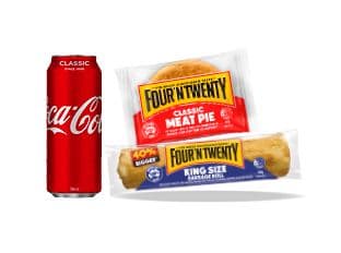 Any two Four'N Twenty Classic Meat Pie one hundred and seven gram or King Size Sausage Roll one hundred and eighty gram varieties plus one Coc-Cola or Mother five hundred millilitre variety for ten dollars