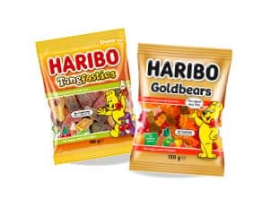 Haribo one hundred forty gram to one hundred and fifty gram varieties