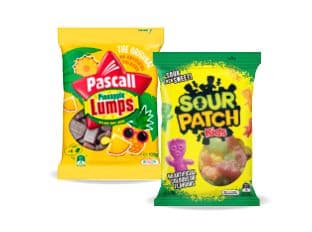 Sour Patch Kids and Pascall one hundred and twenty gram to one hundred and ninety gram varieties